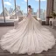 Chic / Beautiful Champagne Wedding Dresses 2018 A-Line / Princess Off-The-Shoulder Short Sleeve Backless Appliques Lace Pearl Beading Cathedral Train Ruffle