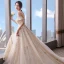 Chic / Beautiful Champagne Wedding Dresses 2018 A-Line / Princess Off-The-Shoulder Short Sleeve Backless Appliques Lace Pearl Beading Cathedral Train Ruffle