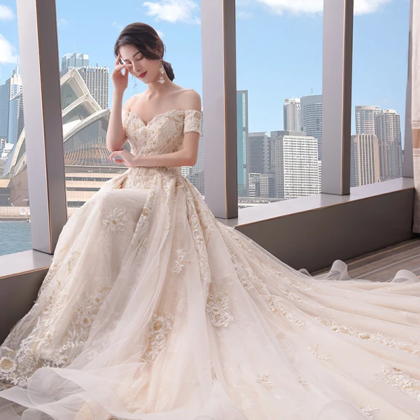 Chic / Beautiful Champagne Wedding Dresses 2018 A-Line / Princess Off-The-Shoulder Short Sleeve Backless Appliques Lace Pearl Beading Cathedral Train Ruffle
