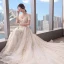 Chic / Beautiful Champagne Wedding Dresses 2018 A-Line / Princess Off-The-Shoulder Short Sleeve Backless Appliques Lace Pearl Beading Cathedral Train Ruffle