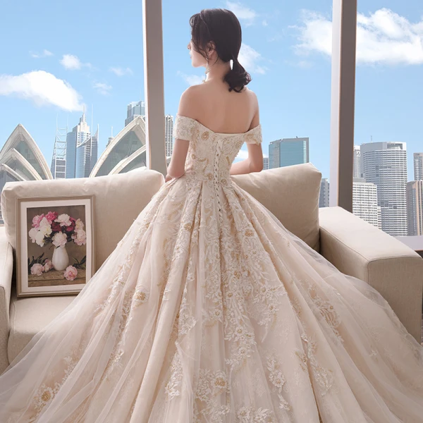 Chic / Beautiful Champagne Wedding Dresses 2018 A-Line / Princess Off-The-Shoulder Short Sleeve Backless Appliques Lace Pearl Beading Cathedral Train Ruffle