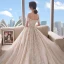 Chic / Beautiful Champagne Wedding Dresses 2018 A-Line / Princess Off-The-Shoulder Short Sleeve Backless Appliques Lace Pearl Beading Cathedral Train Ruffle