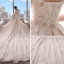 Chic / Beautiful Champagne Wedding Dresses 2018 A-Line / Princess Off-The-Shoulder Short Sleeve Backless Appliques Lace Pearl Beading Cathedral Train Ruffle