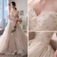 Chic / Beautiful Champagne Wedding Dresses 2018 A-Line / Princess Off-The-Shoulder Short Sleeve Backless Appliques Lace Pearl Beading Cathedral Train Ruffle
