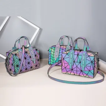 Rainbow Multi Colors Luminous Geometric Square Handbag Messenger Bag 2021 Pu Reflective Holographic Casual Women S Bags