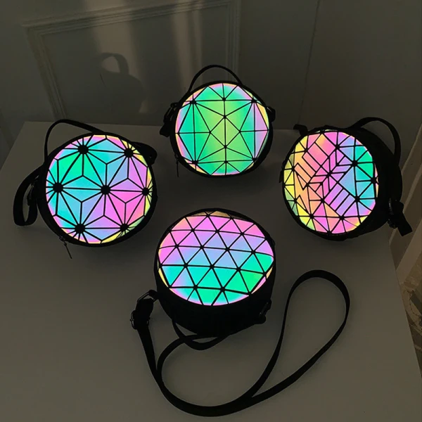 Multi-Colors Luminous Geometric Round Shoulder Bags Messenger Bag 2021 PU Reflective Holographic Casual Women's Bags