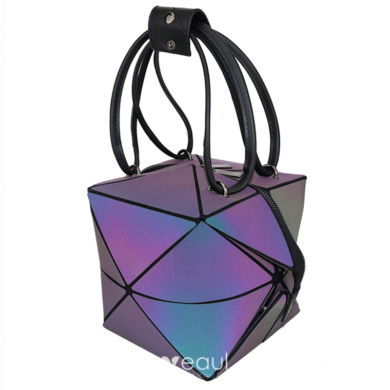 Amazing Unique Multi Colors Foldable Luminous Geometric Square Handbag 2021 PU Reflective Holographic Casual Women s Bags