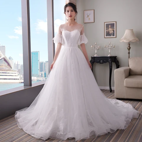 Sencillos Blanco Vestidos De Novia 2018 A-Line / Princess Transparentes Scoop Escote Mangas de campana Apliques Con Encaje Chapel Train Ruffle