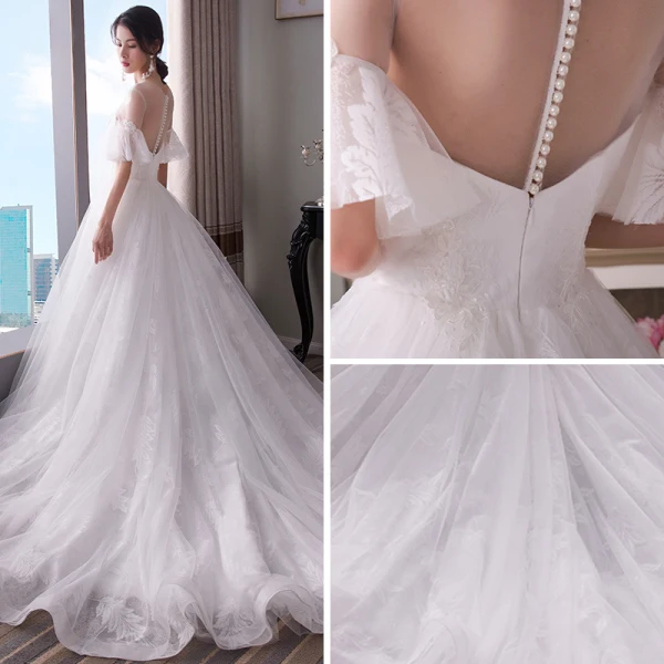 Schlicht Weiß Brautkleider / Hochzeitskleider 2018 A Linie Durchsichtige Rundhalsausschnitt Glockenhülsen Applikationen Spitze Kapelle-Schleppe Rüschen