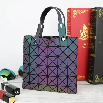 Multi Colors Foldable Luminous Geometric Square Handbag 2021 Pu Reflective Holographic Casual Women S Bags
