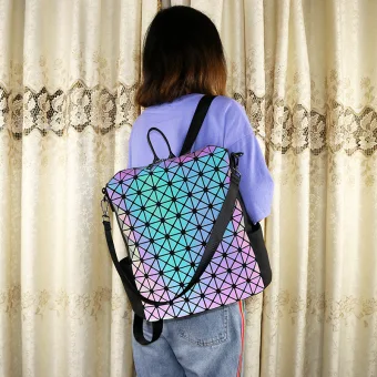 Eye Catching Multi Colors Luminous Geometric Square Backpacks 2021 Pu Holographic Reflective Casual Women S Bags