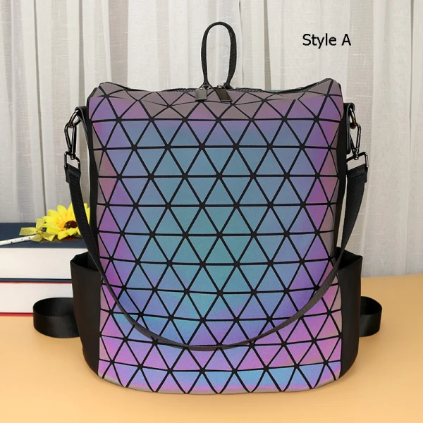 Eye-catching Multi-Colors Luminous Geometric Square Backpacks 2021 PU Holographic Reflective Casual Women's Bags