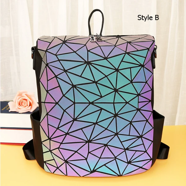 Eye-catching Multi-Colors Luminous Geometric Square Backpacks 2021 PU Holographic Reflective Casual Women's Bags