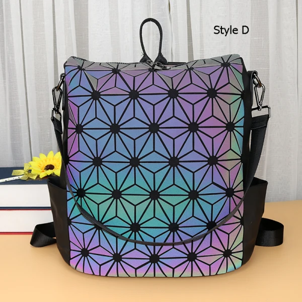 Eye-catching Multi-Colors Luminous Geometric Square Backpacks 2021 PU Holographic Reflective Casual Women's Bags
