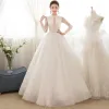 Affordable Ivory See-through Wedding Dresses 2018 Ball Gown Scoop Neck Bell sleeves Appliques Lace Beading Floor-Length / Long Ruffle