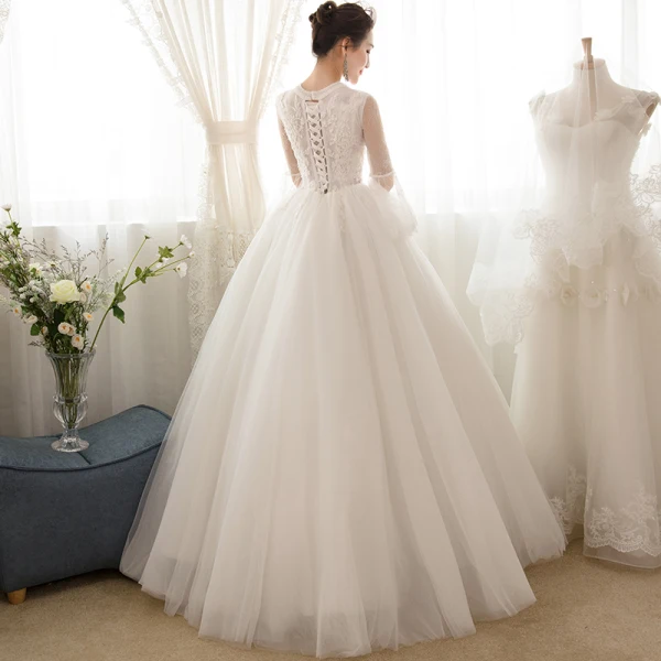 Affordable Ivory See-through Wedding Dresses 2018 Ball Gown Scoop Neck Bell sleeves Appliques Lace Beading Floor-Length / Long Ruffle