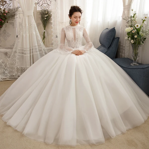 Affordable Ivory See-through Wedding Dresses 2018 Ball Gown Scoop Neck Bell sleeves Appliques Lace Beading Floor-Length / Long Ruffle