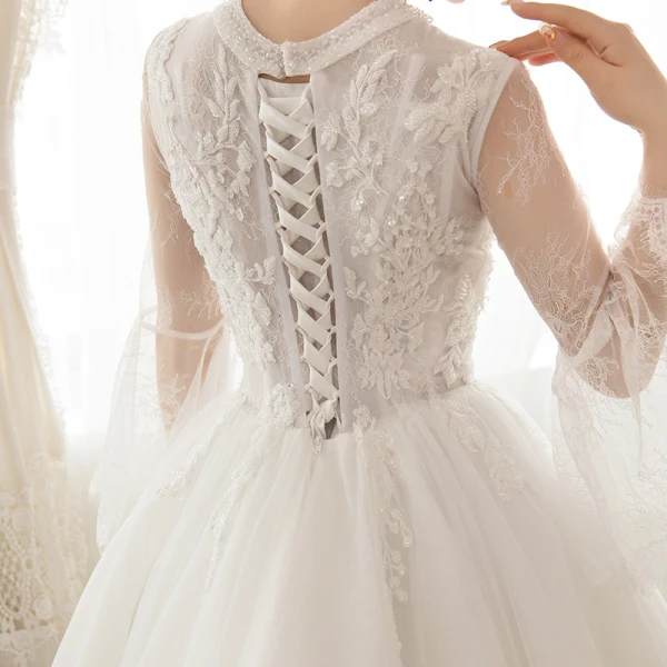 Affordable Ivory See-through Wedding Dresses 2018 Ball Gown Scoop Neck Bell sleeves Appliques Lace Beading Floor-Length / Long Ruffle