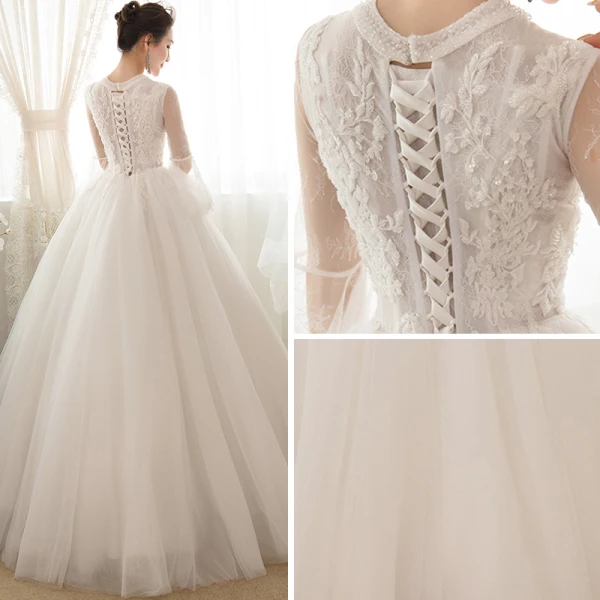 Affordable Ivory See-through Wedding Dresses 2018 Ball Gown Scoop Neck Bell sleeves Appliques Lace Beading Floor-Length / Long Ruffle