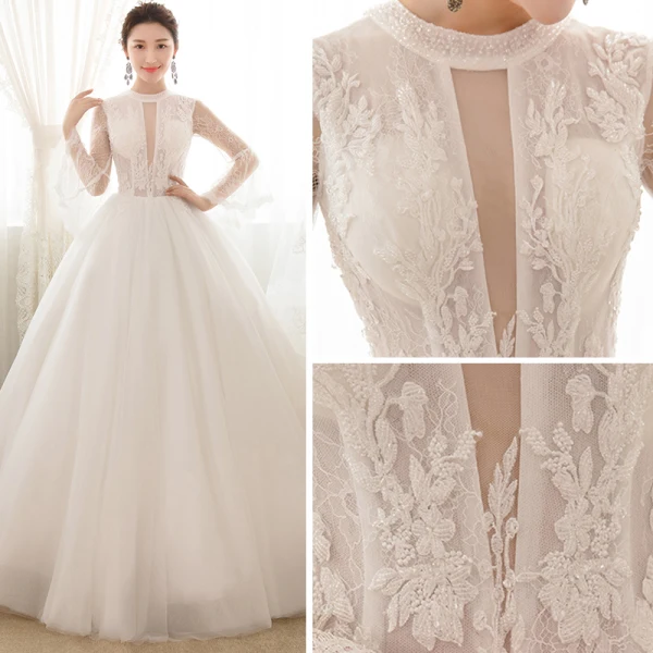 Affordable Ivory See-through Wedding Dresses 2018 Ball Gown Scoop Neck Bell sleeves Appliques Lace Beading Floor-Length / Long Ruffle