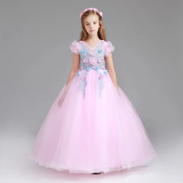 Chic Beautiful Blushing Pink Flower Girl Dresses 2017 Ball Gown V Neck Short Sleeve Appliques Flower Floor Length Long Ruffle Wedding Party Dresses