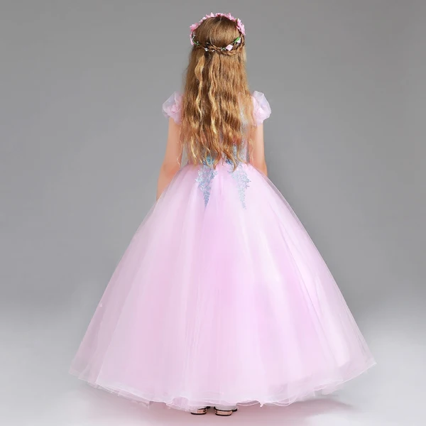 Chic / Beautiful Blushing Pink Flower Girl Dresses 2017 Ball Gown V-Neck Short Sleeve Appliques Flower Floor-Length / Long Ruffle Wedding Party Dresses