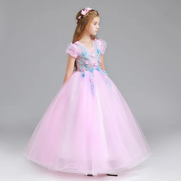 Chic / Beautiful Blushing Pink Flower Girl Dresses 2017 Ball Gown V-Neck Short Sleeve Appliques Flower Floor-Length / Long Ruffle Wedding Party Dresses