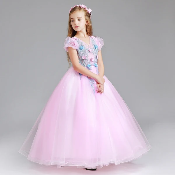 Chic / Beautiful Blushing Pink Flower Girl Dresses 2017 Ball Gown V-Neck Short Sleeve Appliques Flower Floor-Length / Long Ruffle Wedding Party Dresses