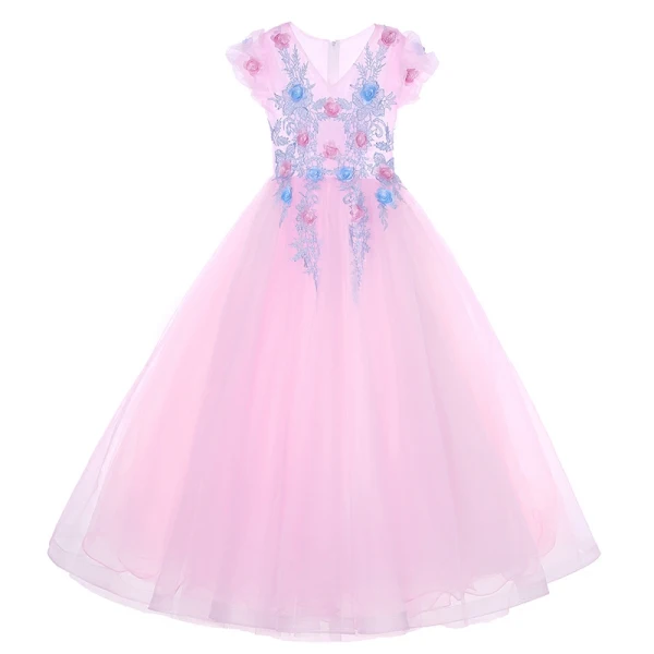 Chic / Beautiful Blushing Pink Flower Girl Dresses 2017 Ball Gown V-Neck Short Sleeve Appliques Flower Floor-Length / Long Ruffle Wedding Party Dresses