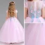 Chic / Beautiful Blushing Pink Flower Girl Dresses 2017 Ball Gown V-Neck Short Sleeve Appliques Flower Floor-Length / Long Ruffle Wedding Party Dresses