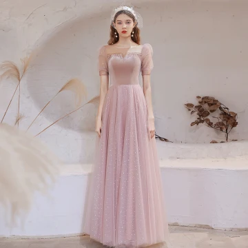 Victorian Style Blushing Pink See Through Dancing Prom Dresses 2021 A Line Princess Scoop Neck Puffy Short Sleeve Beading Sequins Floor Length Long Ruffle Backless Formal Dresses
