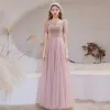 Victorian Style Blushing Pink See-through Dancing Prom Dresses 2021 A-Line / Princess Scoop Neck Puffy Short Sleeve Beading Sequins Floor-Length / Long Ruffle Backless Formal Dresses