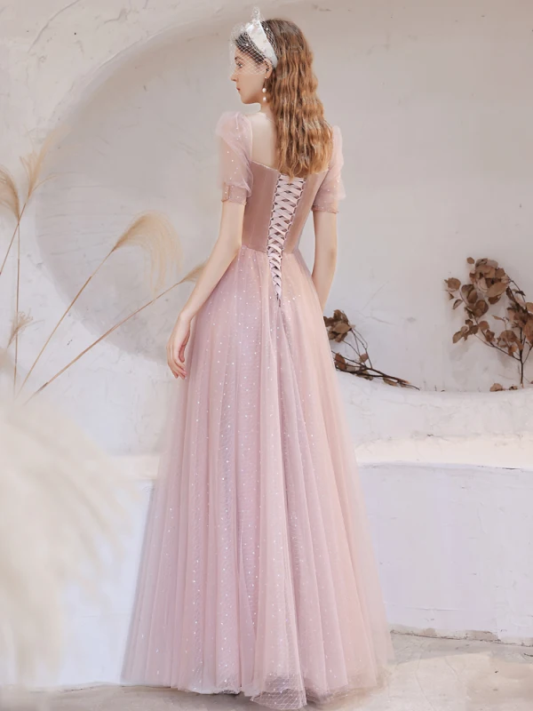 Victorian Style Blushing Pink See-through Dancing Prom Dresses 2021 A-Line / Princess Scoop Neck Puffy Short Sleeve Beading Sequins Floor-Length / Long Ruffle Backless Formal Dresses