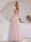 Victorian Style Blushing Pink See-through Dancing Prom Dresses 2021 A-Line / Princess Scoop Neck Puffy Short Sleeve Beading Sequins Floor-Length / Long Ruffle Backless Formal Dresses