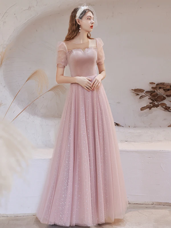 Victorian Style Blushing Pink See-through Dancing Prom Dresses 2021 A-Line / Princess Scoop Neck Puffy Short Sleeve Beading Sequins Floor-Length / Long Ruffle Backless Formal Dresses