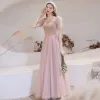 Victorian Style Blushing Pink See-through Dancing Prom Dresses 2021 A-Line / Princess Scoop Neck Puffy Short Sleeve Beading Sequins Floor-Length / Long Ruffle Backless Formal Dresses