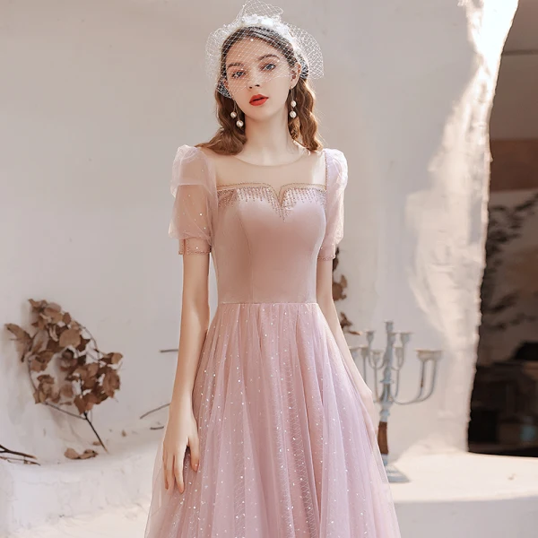 Victorian Style Blushing Pink See-through Dancing Prom Dresses 2021 A-Line / Princess Scoop Neck Puffy Short Sleeve Beading Sequins Floor-Length / Long Ruffle Backless Formal Dresses