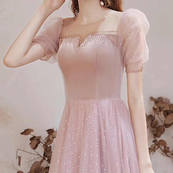 Victorian Style Blushing Pink See-through Dancing Prom Dresses 2021 A-Line / Princess Scoop Neck Puffy Short Sleeve Beading Sequins Floor-Length / Long Ruffle Backless Formal Dresses