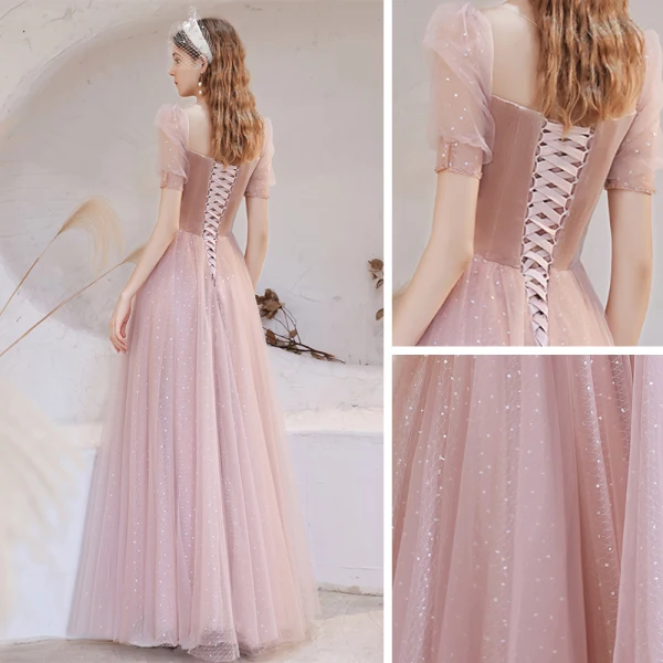 Victorian Style Blushing Pink See-through Dancing Prom Dresses 2021 A-Line / Princess Scoop Neck Puffy Short Sleeve Beading Sequins Floor-Length / Long Ruffle Backless Formal Dresses