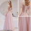 Victorian Style Blushing Pink See-through Dancing Prom Dresses 2021 A-Line / Princess Scoop Neck Puffy Short Sleeve Beading Sequins Floor-Length / Long Ruffle Backless Formal Dresses