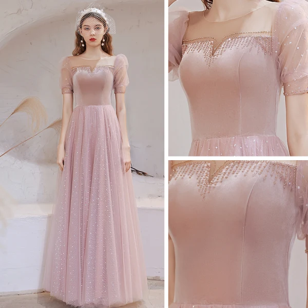 Victorian Style Blushing Pink See-through Dancing Prom Dresses 2021 A-Line / Princess Scoop Neck Puffy Short Sleeve Beading Sequins Floor-Length / Long Ruffle Backless Formal Dresses