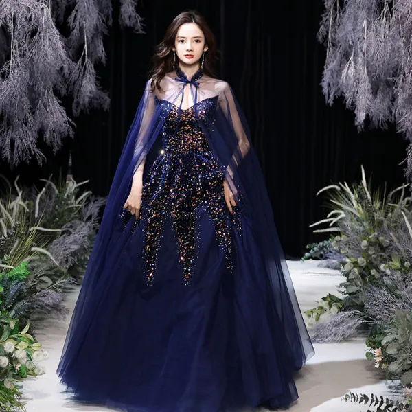Sparkly Navy Blue Prom Dresses With Shawl 2021 A-Line / Princess Sweetheart Sleeveless Sequins Floor-Length / Long Ruffle Backless Formal Dresses