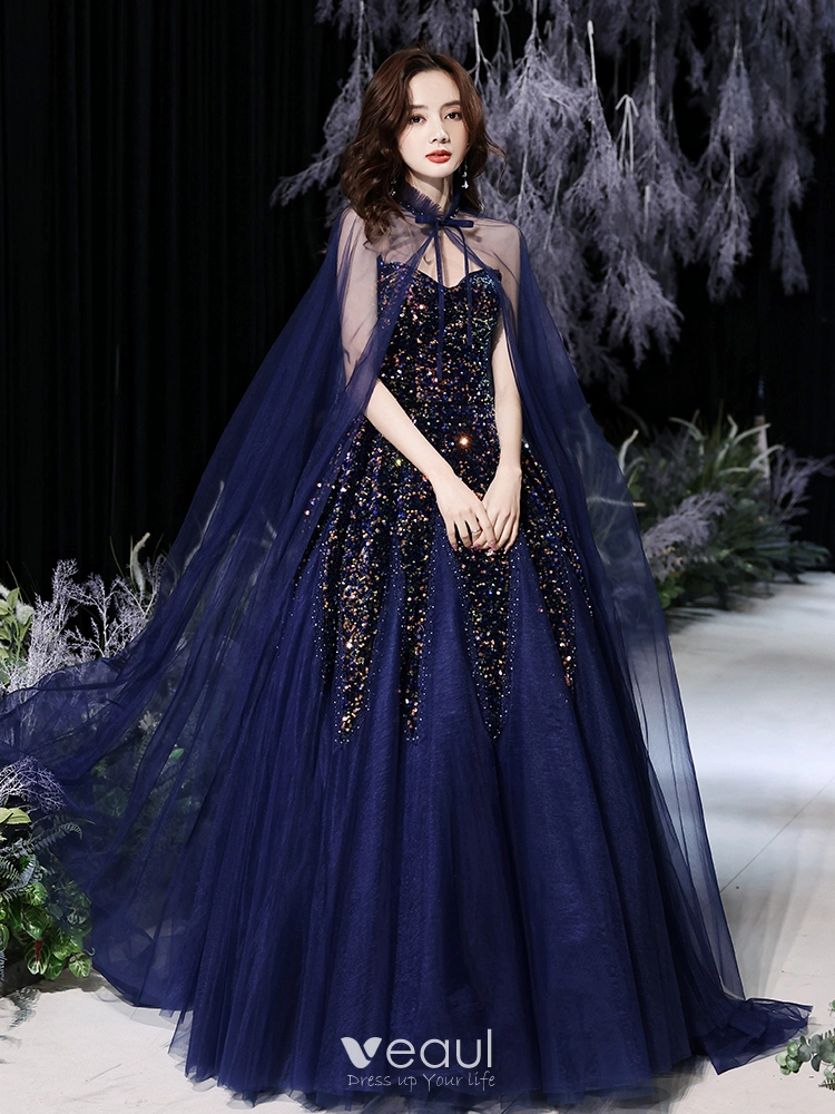 Sparkly Navy Blue Prom Dresses With Shawl 2021 A Line Princess Sweetheart  Sleeveless Sequins Floor Length Long Ruffle Backless Formal Dresses