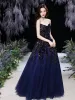Sparkly Navy Blue Prom Dresses With Shawl 2021 A-Line / Princess Sweetheart Sleeveless Sequins Floor-Length / Long Ruffle Backless Formal Dresses