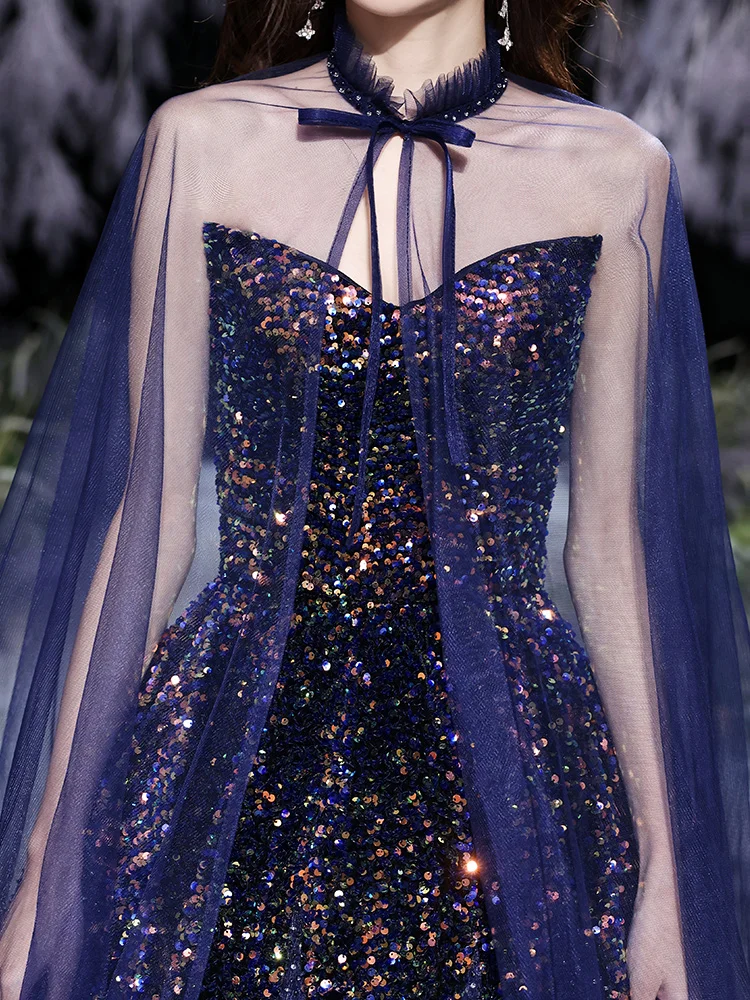 Sparkly Navy Blue Prom Dresses with Shawl 2021 A-Line Princess Sweetheart Sleeveless