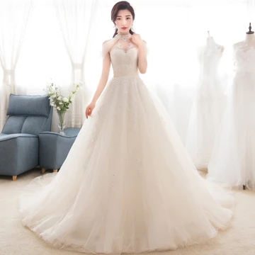 Vintage Retro Champagne See Through Wedding Dresses 2018 A Line Princess High Neck Sleeveless Appliques Lace Beading Watteau Train Ruffle