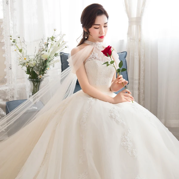Vintage / Retro Champagne See-through Wedding Dresses 2018 A-Line / Princess High Neck Sleeveless Appliques Lace Beading Watteau Train Ruffle