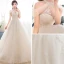 Vintage / Retro Champagne See-through Wedding Dresses 2018 A-Line / Princess High Neck Sleeveless Appliques Lace Beading Watteau Train Ruffle