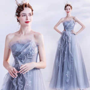 Chic Beautiful Grey Dancing Prom Dresses 2021 A Line Princess Strapless Sleeveless Beading Floor Length Long Ruffle Backless Formal Dresses