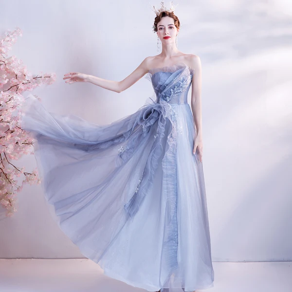 Chic / Beautiful Grey Dancing Prom Dresses 2021 A-Line / Princess Strapless Sleeveless Beading Floor-Length / Long Ruffle Backless Formal Dresses